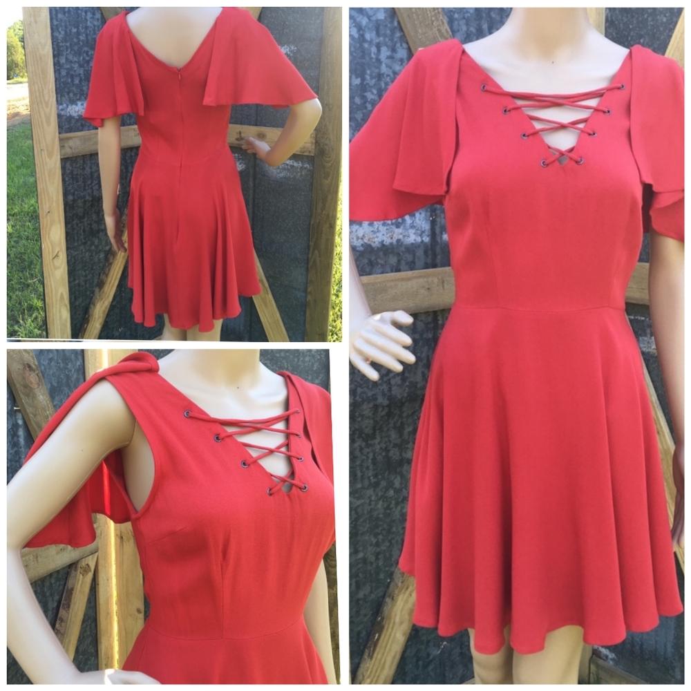JustFab NWT S Ruffle Sleeve Lace Up Red Dress